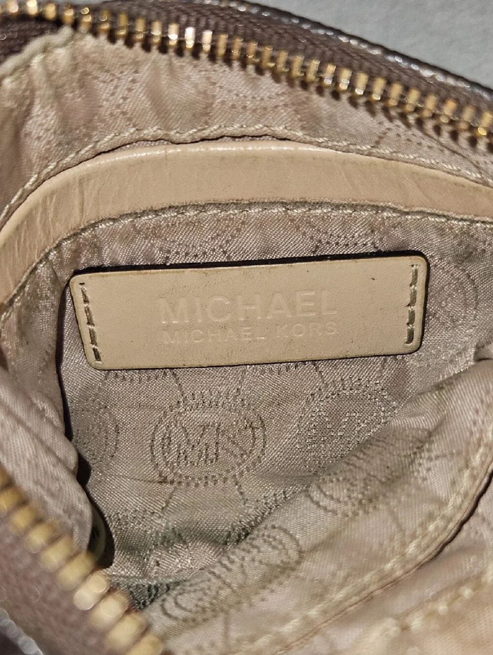 Michael Kors Dark Brown Signature Wristlet with Beige Strap